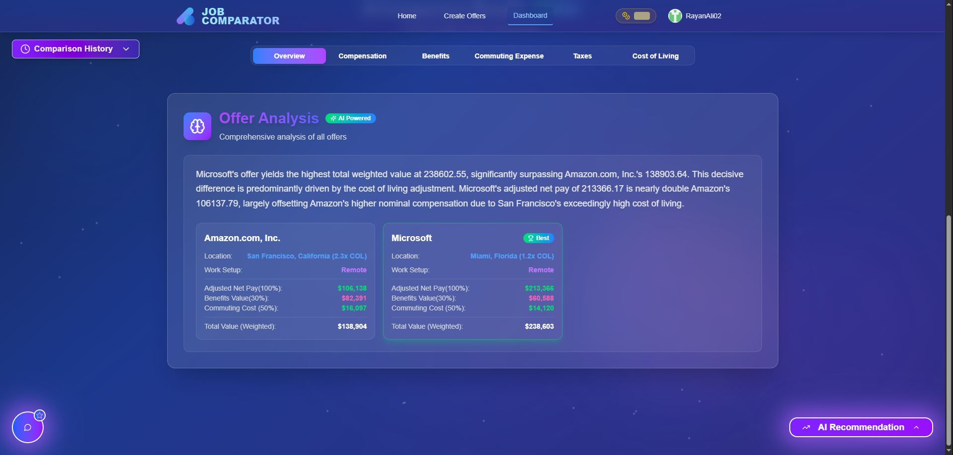 Smart Recommendations screenshot - Step 4 of job comparison process