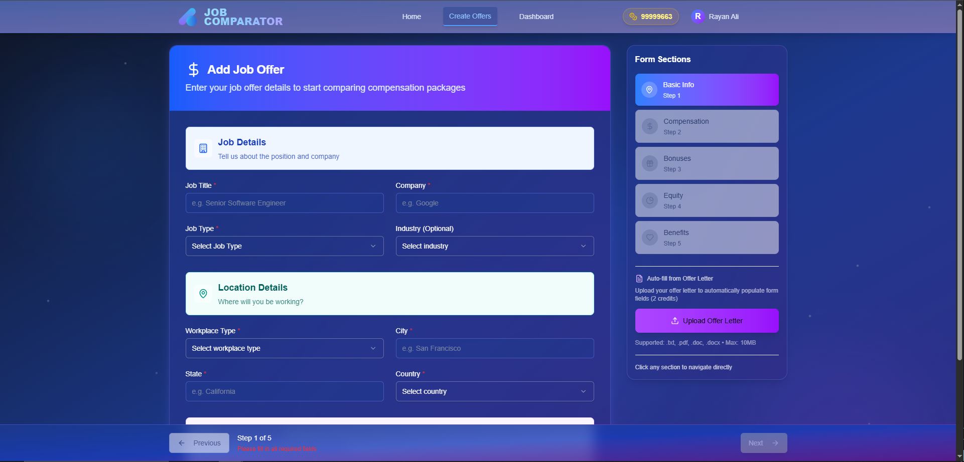 Create Job Offers screenshot - Step 2 of job comparison process